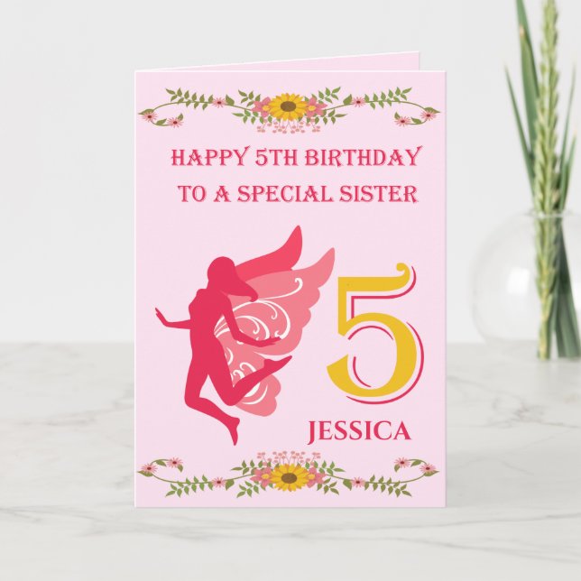 Pink Fairy Sister 5th Birthday Card (Front)