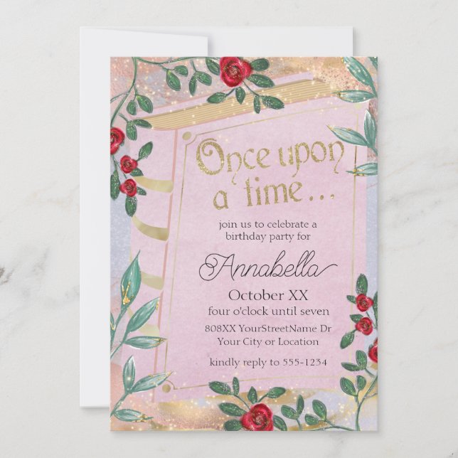 Pink Fairy Tale Book Cover with Red Roses Invitation (Front)