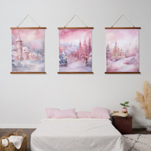 Pink Fairytale Castles Winter Wonderland Hanging Tapestry