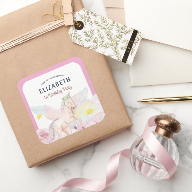 Pink Fairytale Unicorn Girl Birthday Party Square Sticker (Gifting)