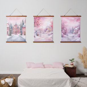 Pink Fairytale Winter Wonderland Hanging Tapestry