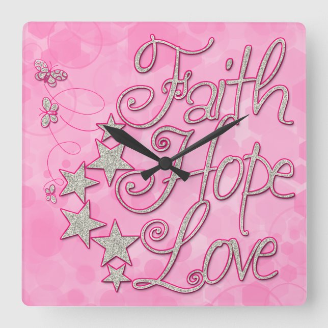 Pink Faith Hope Love Stars Butterflies Clock (Front)
