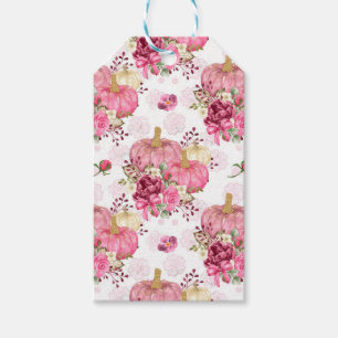 PINK FALL AUTUMN PUMPKINS & WATERCOLOR FLOWERS GIFT TAGS