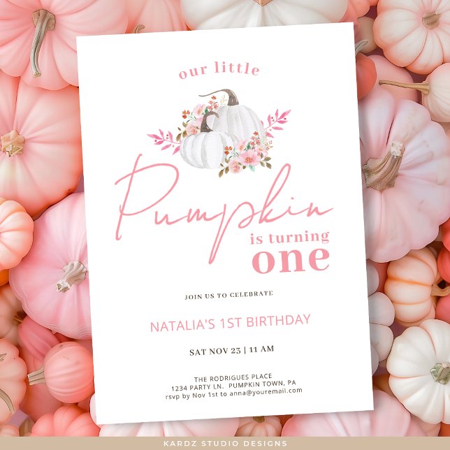 Pink Fall Floral Little Pumpkin First Birthday Invitation (Invite shown in 5 x 7 inches, choose size, paper, and corner style.)