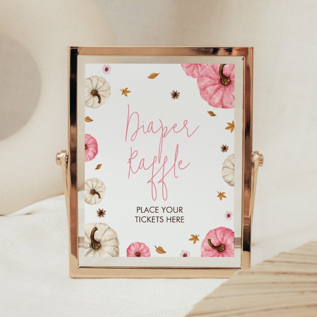 Pink Fall Little Pumpkin Baby Shower Diaper Raffle Poster (Girl Fall Pumpkin Baby Shower Diaper Raffle Sign)