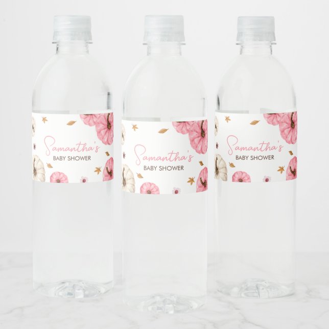 Pink Fall Little Pumpkin Baby Shower Water Bottle Label (Bottles)