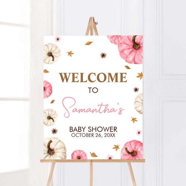 Pink Fall Little Pumpkin Baby Shower Welcome Poster (Girl Fall Pumpkin Baby Shower Welcome Sign)