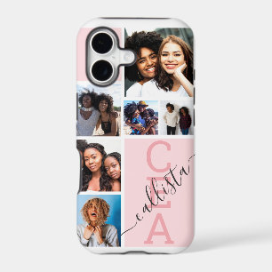 Pink Family Friends Photo Collage Monogram Name