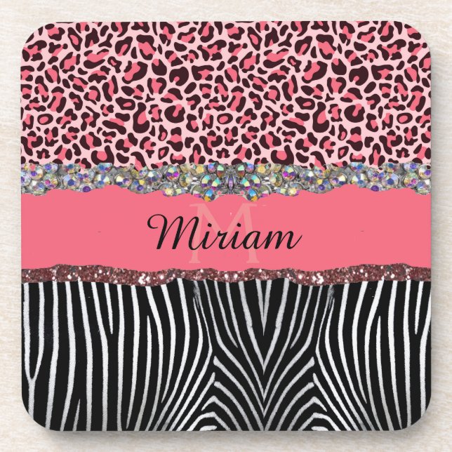 Pink Fancy Glitter Girly Leopard Print Elegant Coaster (Front)