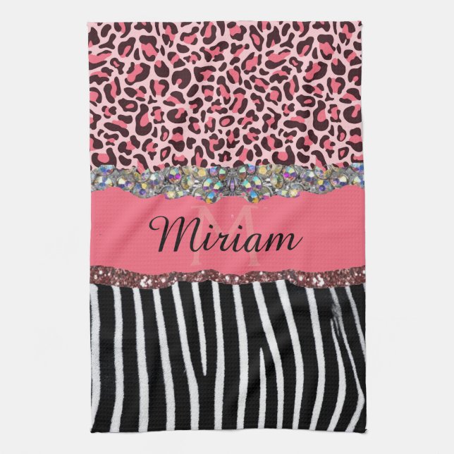 Pink Fancy Glitter Girly Leopard Print Elegant Tea Towel (Vertical)