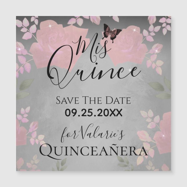Pink Fancy Roses Quinceanera Pink Save the Date (Front)