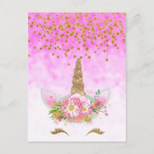 Pink Fantasy and Golden Stars Unicorn Postcard