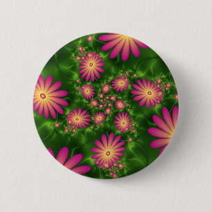 Pink Fantasy Flowers Modern Abstract Fractal Art 6 Cm Round Badge