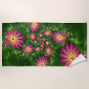 Pink Fantasy Flowers Modern Abstract Fractal Art Beach Towel