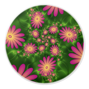 Pink Fantasy Flowers Modern Abstract Fractal Art Ceramic Knob