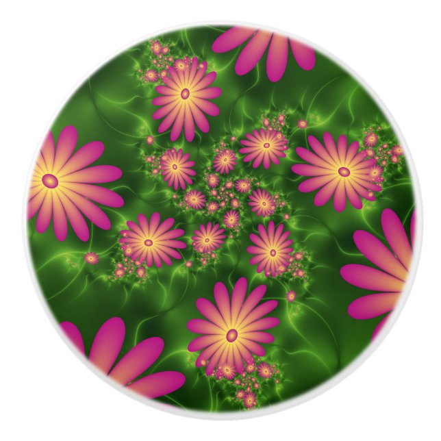 Pink Fantasy Flowers Modern Abstract Fractal Art Ceramic Knob (Front)