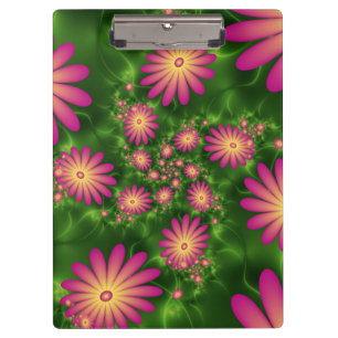 Pink Fantasy Flowers Modern Abstract Fractal Art Clipboard