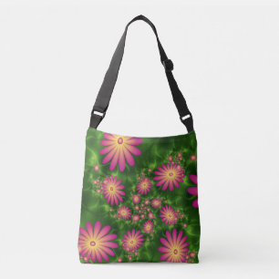 Pink Fantasy Flowers Modern Abstract Fractal Art Crossbody Bag