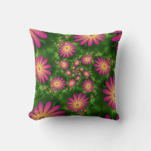 Pink Fantasy Flowers Modern Abstract Fractal Art Cushion