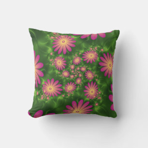 Pink Fantasy Flowers Modern Abstract Fractal Art Cushion