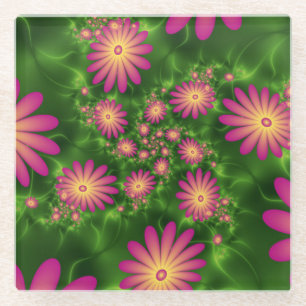 Pink Fantasy Flowers Modern Abstract Fractal Art Glass Coaster