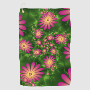 Pink Fantasy Flowers Modern Abstract Fractal Art Golf Towel