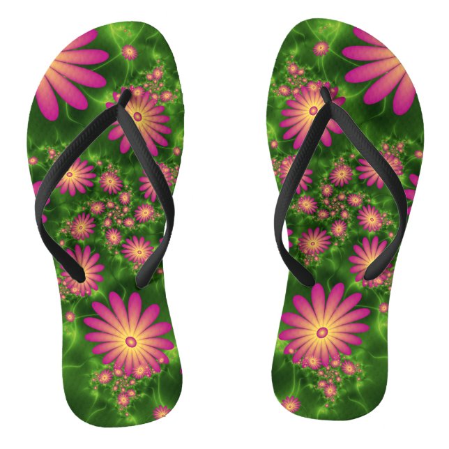 Pink Fantasy Flowers Modern Abstract Fractal Art Jandals (Footbed)