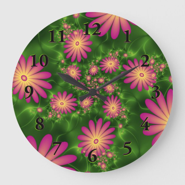 Pink Fantasy Flowers Modern Abstract Fractal Art Large Clock (Front)