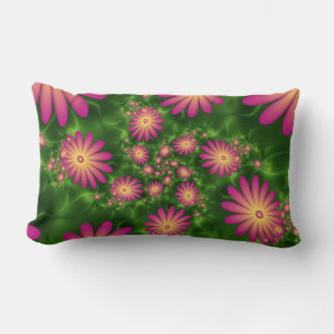 Pink Fantasy Flowers Modern Abstract Fractal Art Lumbar Cushion
