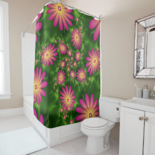 Pink Fantasy Flowers Modern Abstract Fractal Art Shower Curtain