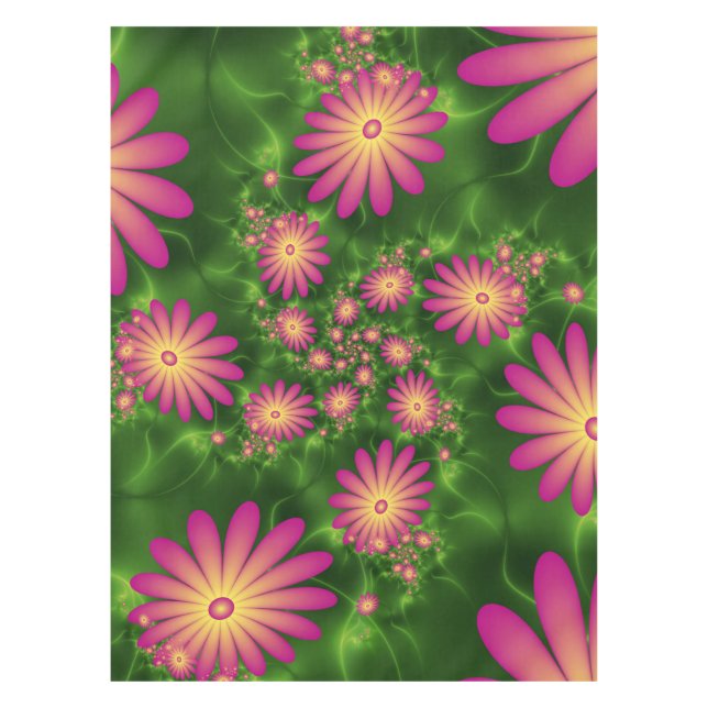 Pink Fantasy Flowers Modern Abstract Fractal Art Tablecloth (Front)