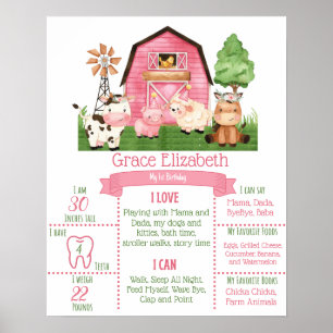 Pink Farm 1st Birthday Milestone Poster