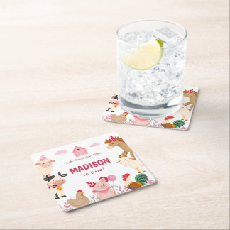 Pink Farm Animal Barn Themed Birthday Party Square Paper Coaster