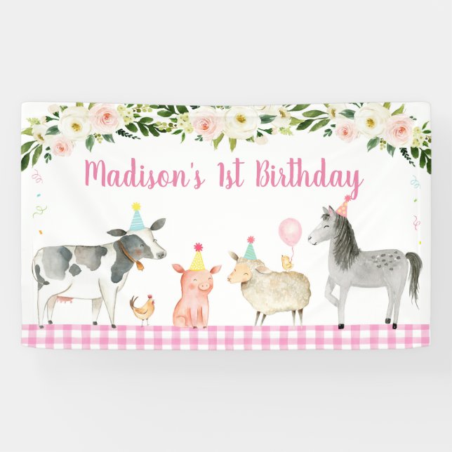 Pink Farm Animal Floral Birthday Banner (Horizontal)