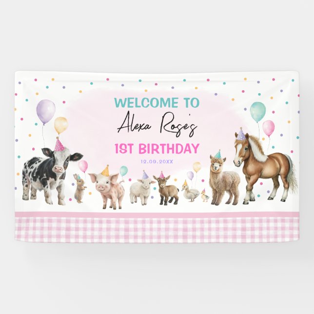 Pink Farm Animals Balloons Girl Birthday Party Banner (Horizontal)