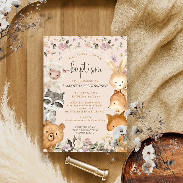 Pink Farm Animals Bear Fox Rabbit Racoon Baptism Invitation (Creator Uploaded)