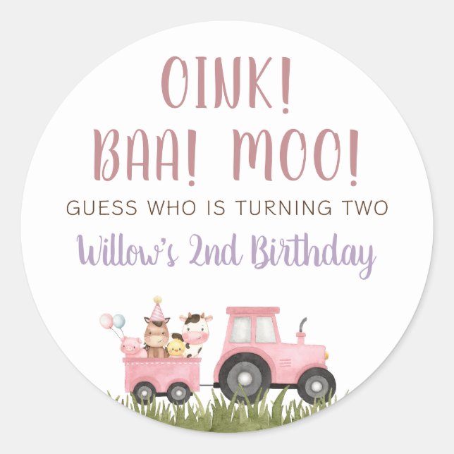 Pink Farm Animals Birthday Classic Round Sticker (Front)