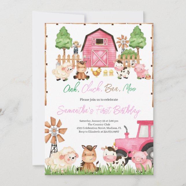 Pink Farm Animals Birthday Party Invitation (Front)