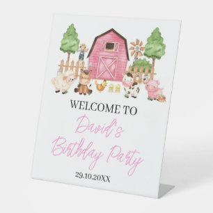 Pink Farm Animals Birthday Party Pedestal Sign