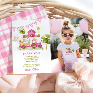 Pink farm animals birthday photo thank you card