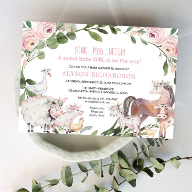 Pink Farm animals floral barnyard girl baby shower Invitation (Creator Uploaded)