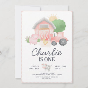 Pink Farm Animals Girl 1st Birthday Invitation