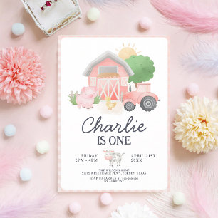 Pink Farm Animals Girl 1st Birthday Invitation