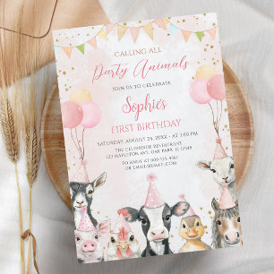 Pink Farm Animals Girl 1st Birthday Invitation