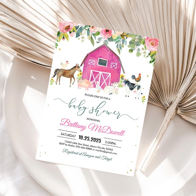 Pink Farm Animals Girl Baby Shower Invitation (Creator Uploaded)