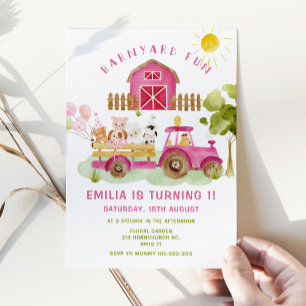Pink Farm animals girl first birthday party Invitation