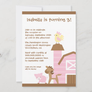 Pink farm animals girl's birthday party invitation