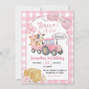 Pink Farm Animals Three-i-e-i-o 3rd Birthday Invitation