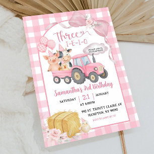 Pink Farm Animals Three-i-e-i-o 3rd Birthday Invitation