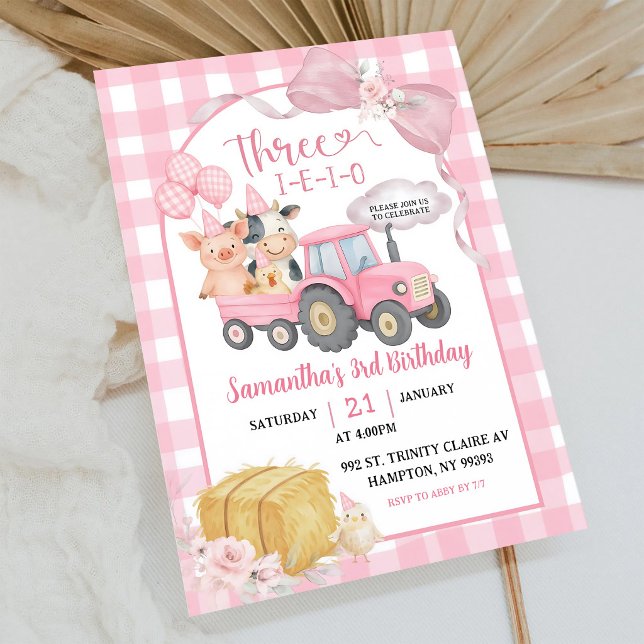 Pink Farm Animals Three-i-e-i-o 3rd Birthday Invitation (Creator Uploaded)